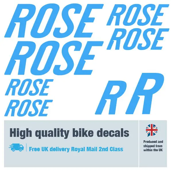 Rose bike decal set in light blue. Replacement vinyl stickers for Rose frames.
