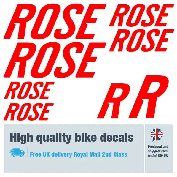 Rose bike decal set in red. Replacement vinyl stickers for Rose frames.