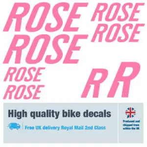 Rose bike decal set in pink. Replacement vinyl stickers for Rose frames.