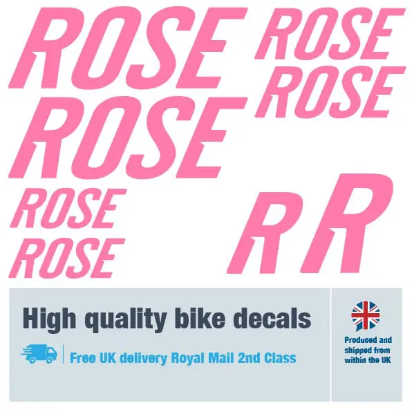 Rose bike decal set in pink. Replacement vinyl stickers for Rose frames.