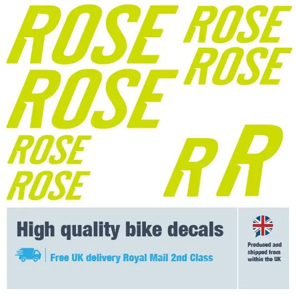 Rose bike decal set in lime. Replacement vinyl stickers for Rose frames.