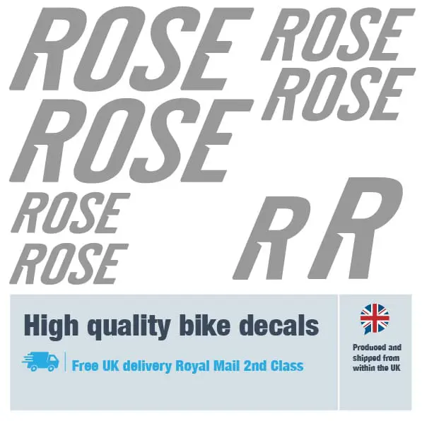 Rose bike decal set in silver. Replacement vinyl stickers for Rose frames.
