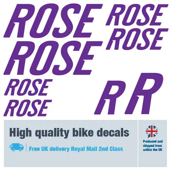 Rose bike decal set in purple. Replacement vinyl stickers for Rose frames.