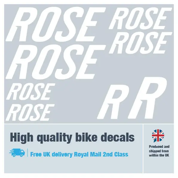Rose bike decal set in white. Replacement vinyl stickers for Rose frames.