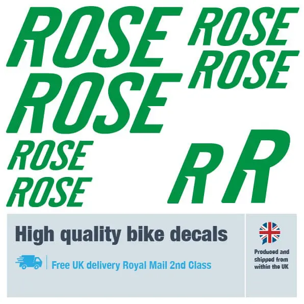 Rose bike decal set in green. Replacement vinyl stickers for Rose frames.