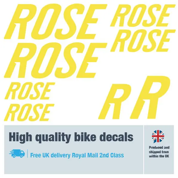 Rose bike decal set in yellow. Replacement vinyl stickers for Rose frames.