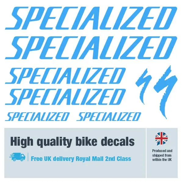 Specialized large bike decal set in light blue. Replacement vinyl stickers for Specialized frames.