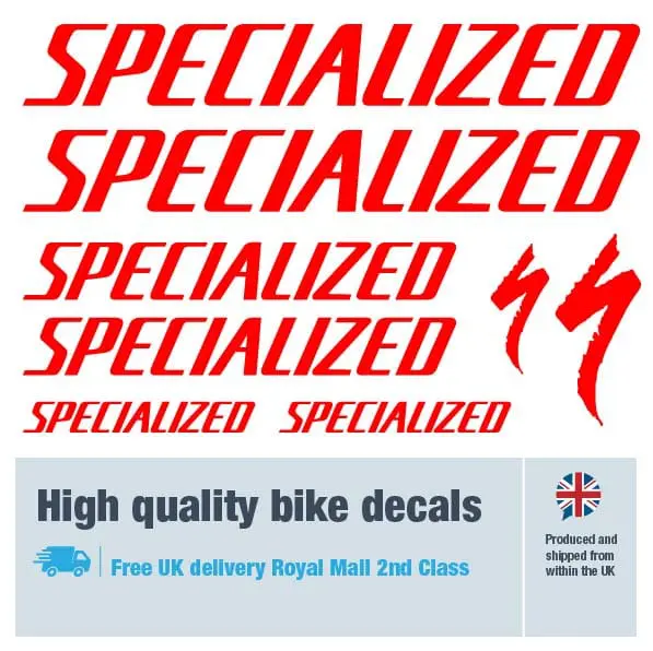 Specialized large bike decal set in red. Replacement vinyl stickers for Specialized frames.