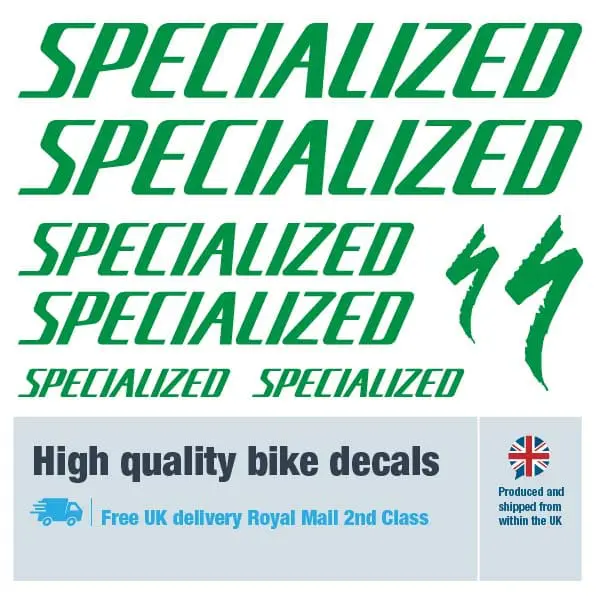 Specialized large bike decal set in green. Replacement vinyl stickers for Specialized frames.