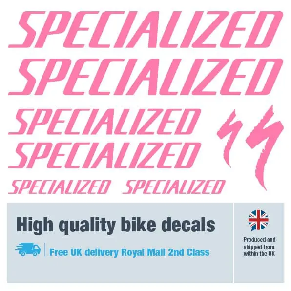 Specialized large bike decal set in pink. Replacement vinyl stickers for Specialized frames.