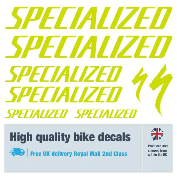 Specialized large bike decal set in lime. Replacement vinyl stickers for Specialized frames.