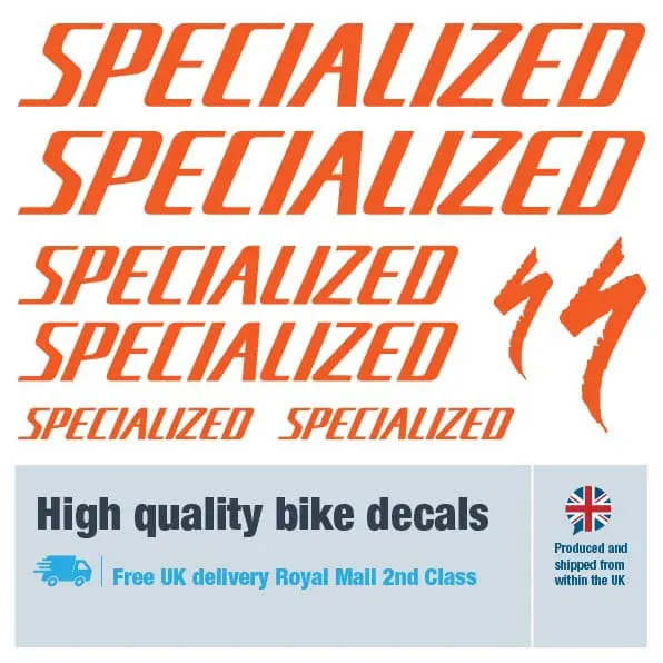Specialized large bike decal set in orange. Replacement vinyl stickers for Specialized frames.