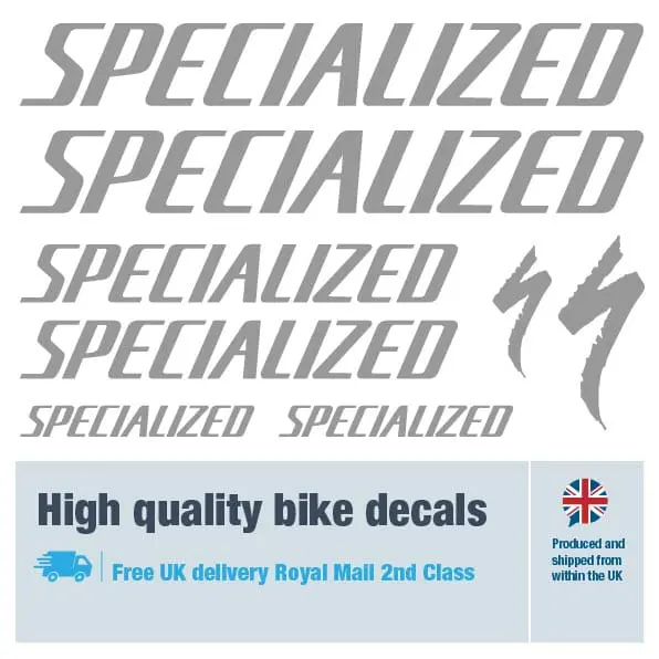 Specialized large bike decal set in grey. Replacement vinyl stickers for Specialized frames.