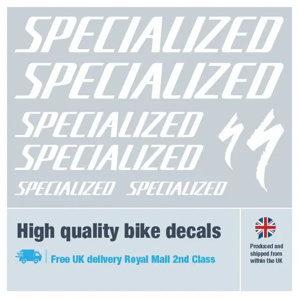 Specialized large bike decal set in white. Replacement vinyl stickers for Specialized frames.