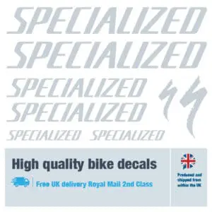 Specialized large bike decal set in silver. Replacement vinyl stickers for Specialized frames.