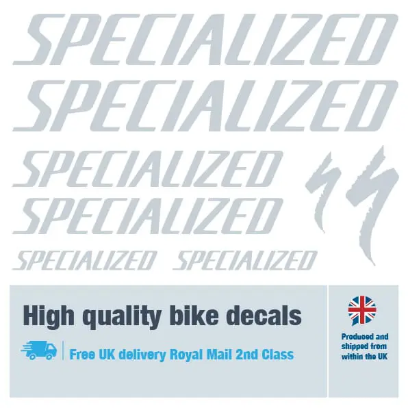 Specialized large bike decal set in silver. Replacement vinyl stickers for Specialized frames.