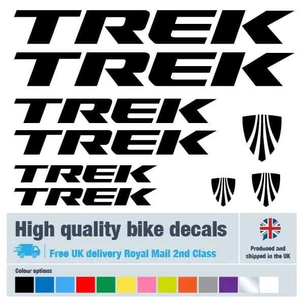 Trek bike decal set in black. Replacement vinyl stickers for Trek frames.