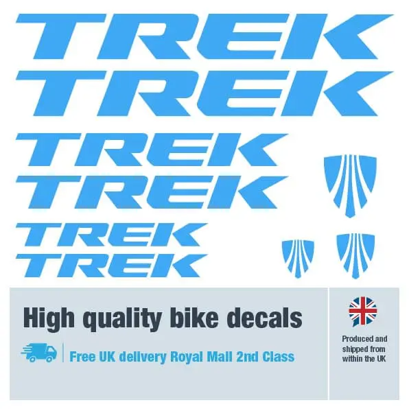 Trek bike decal set in light blue. Replacement vinyl stickers for Trek frames.