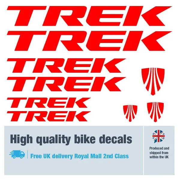 Trek bike decal set in red. Replacement vinyl stickers for Trek frames.