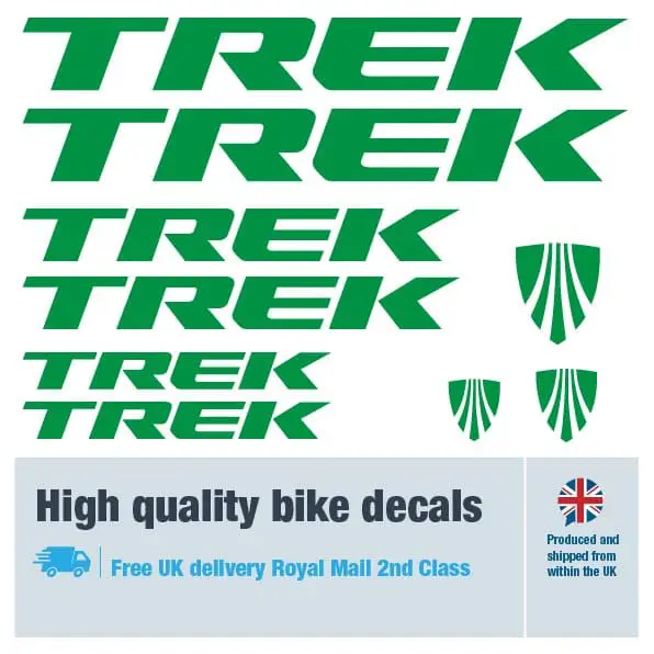 Trek bike decal set in green. Replacement vinyl stickers for Trek frames.