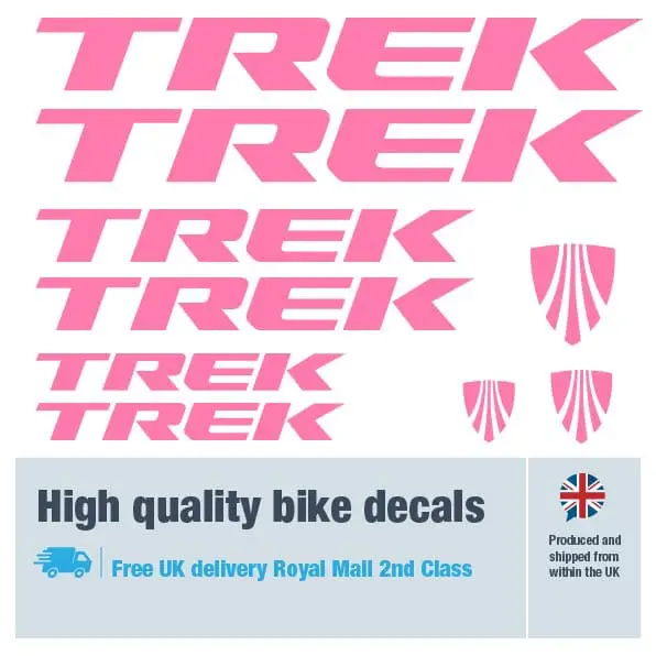 Trek bike decal set in pink. Replacement vinyl stickers for Trek frames.