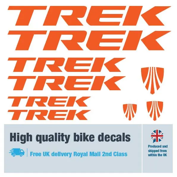 Trek bike decal set in orange. Replacement vinyl stickers for Trek frames.