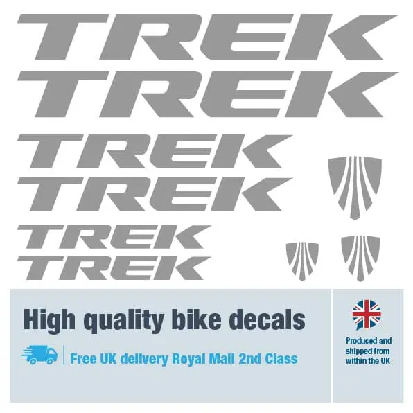 Trek bike decal set in grey. Replacement vinyl stickers for Trek frames.