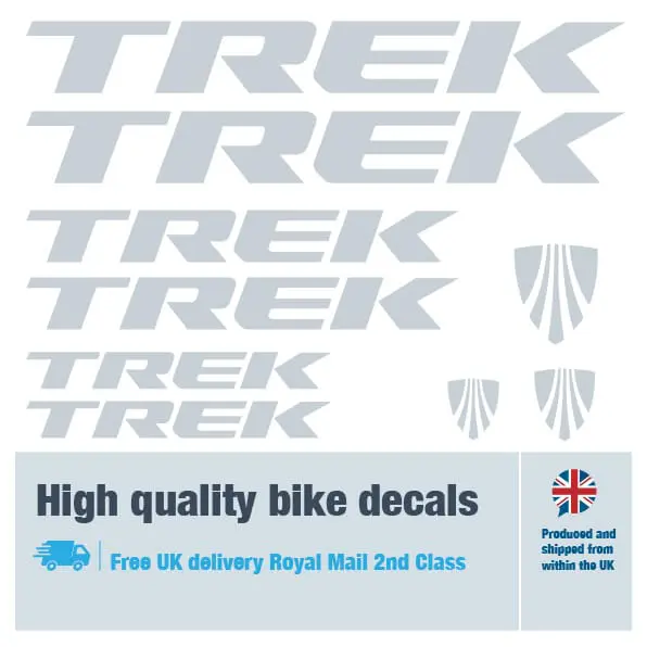 Trek bike decal set in silver. Replacement vinyl stickers for Trek frames.