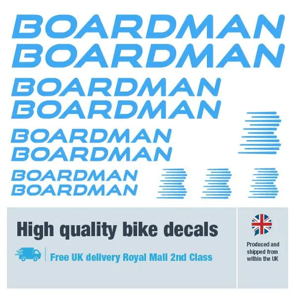 Boardman bike decal set in light blue. Replacement vinyl stickers for Boardman frames.