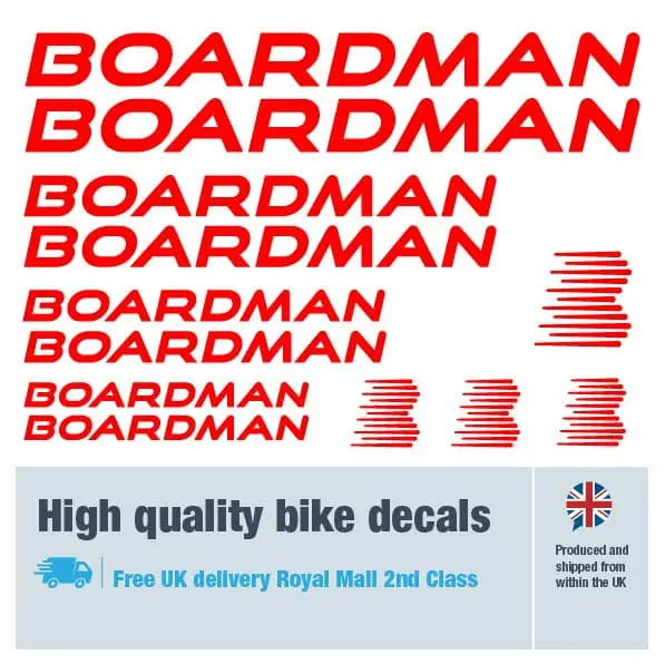 Boardman bike decal set in red. Replacement vinyl stickers for Boardman frames.