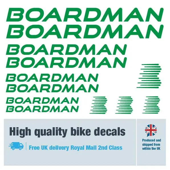 Boardman bike decal set in green. Replacement vinyl stickers for Boardman frames.