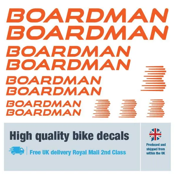 Boardman bike decal set in orange. Replacement vinyl stickers for Boardman frames.