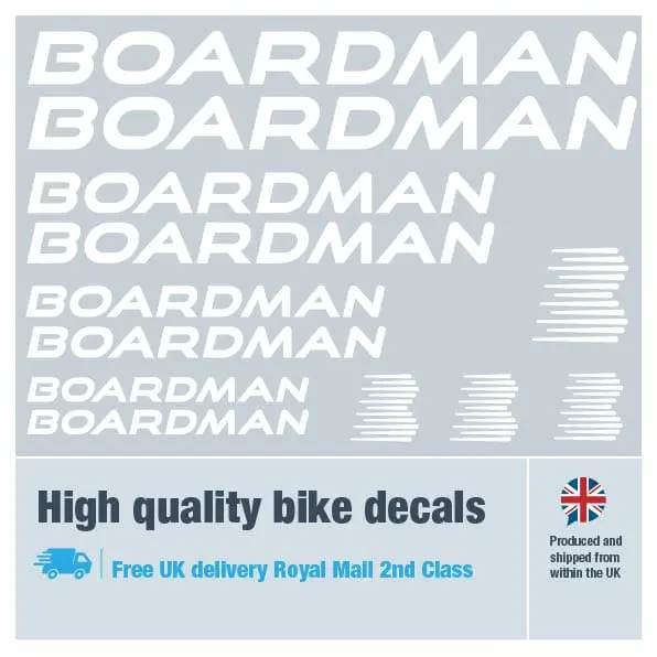 Boardman bike decal set in white. Replacement vinyl stickers for Boardman frames.