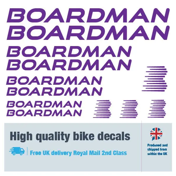 Boardman bike decal set in purple. Replacement vinyl stickers for Boardman frames.