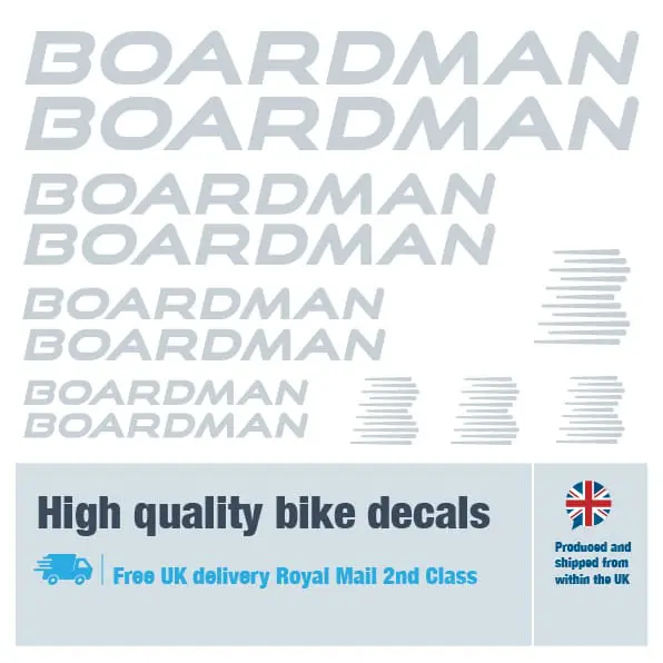 Boardman bike decal set in silver. Replacement vinyl stickers for Boardman frames.