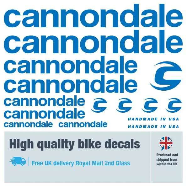Cannondale bike decal set in dark blue. Replacement vinyl stickers for Cannondale frames.