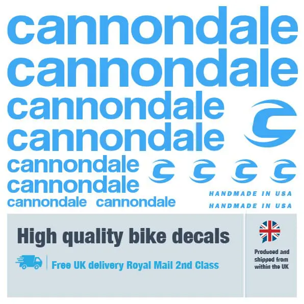 Cannondale bike decal set in light blue. Replacement vinyl stickers for Cannondale frames.
