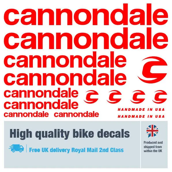 Cannondale bike decal set in red. Replacement vinyl stickers for Cannondale frames.