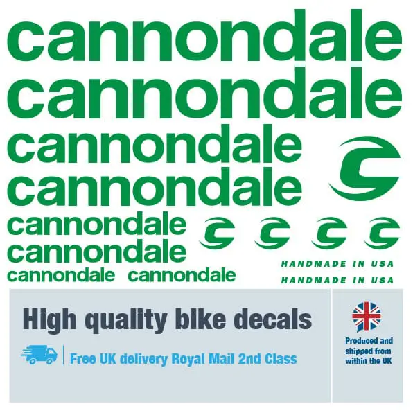Cannondale bike decal set in green. Replacement vinyl stickers for Cannondale frames.