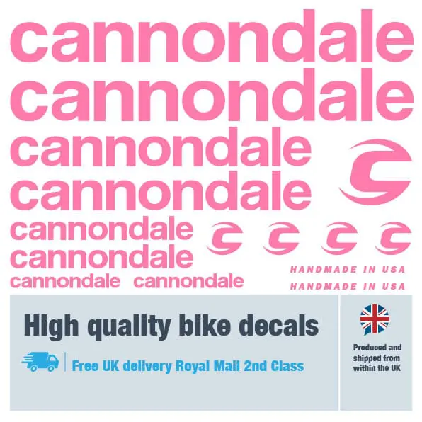 Cannondale bike decal set in pink. Replacement vinyl stickers for Cannondale frames.