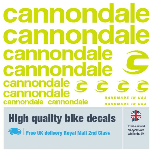 Cannondale bike decal set in lime. Replacement vinyl stickers for Cannondale frames.