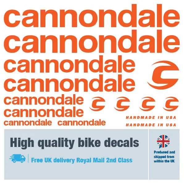 Cannondale bike decal set in orange. Replacement vinyl stickers for Cannondale frames.