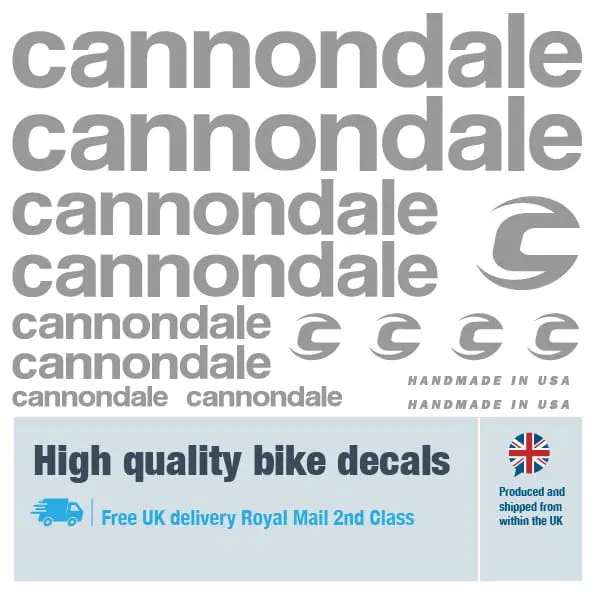 Cannondale bike decal set grey. Replacement vinyl stickers for Cannondale frames.