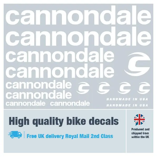 Cannondale bike decal set in white. Replacement vinyl stickers for Cannondale frames.