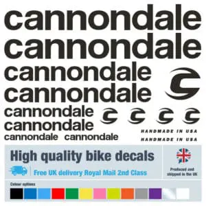 Cannondale bike decal set in black. Replacement vinyl stickers for Cannondale frames.