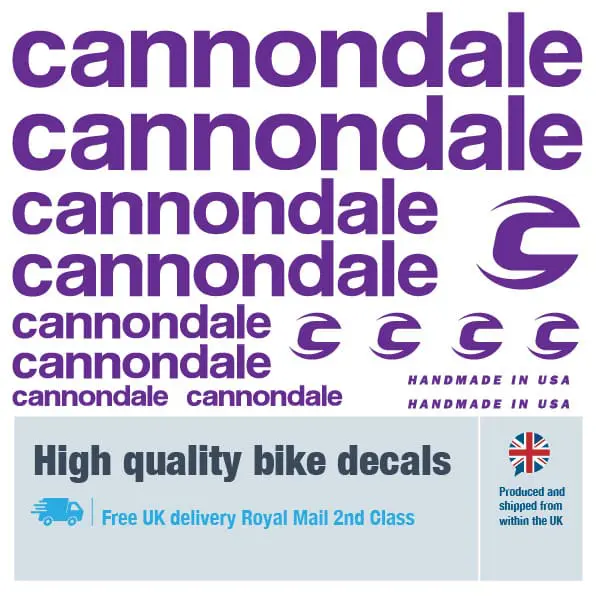 Cannondale bike decal set in purple. Replacement vinyl stickers for Cannondale frames.