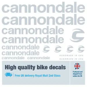 Cannondale bike decal set in silver. Replacement vinyl stickers for Cannondale frames.