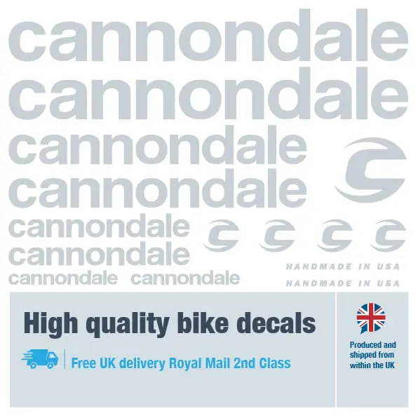 Cannondale bike decal set in silver. Replacement vinyl stickers for Cannondale frames.