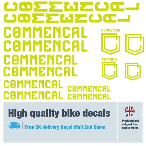 Commencal new bike decal set in lime. Replacement vinyl stickers for Commencal frames.