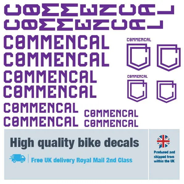 Commencal new bike decal set in purple. Replacement vinyl stickers for Commencal frames.